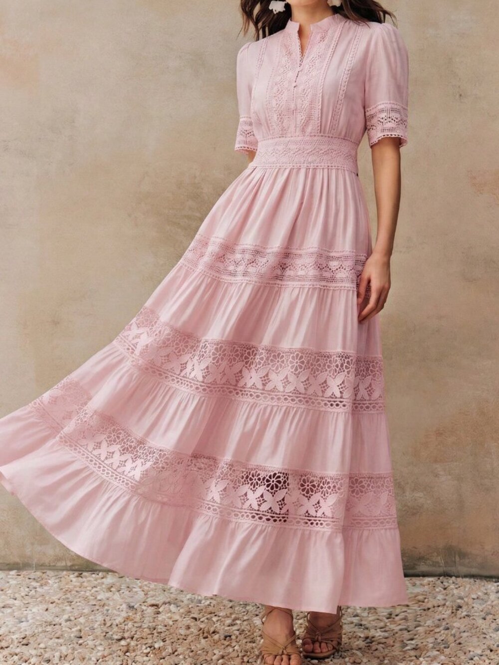 Dusty Pink Boho Women's Lace Crochet Short Sleeve Flared Dress - Picture 5 of 7